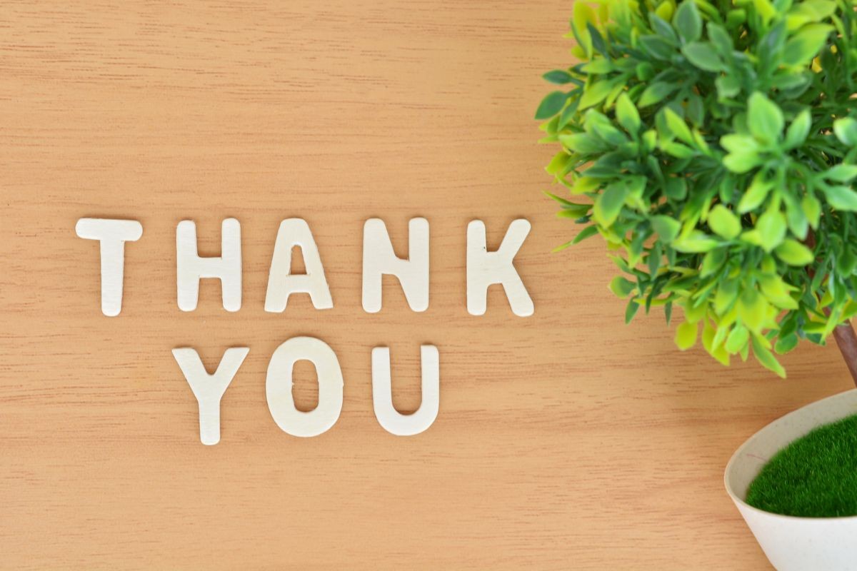 Flat lay image from above: the words "THANK YOU" with tree in a pot on wooden table. Thank you concept.